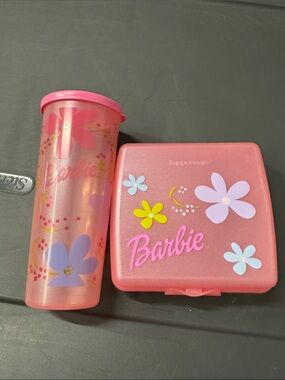 Vintage Tupperware Barbie Pink Floral Tumbler and Snack Container Set. NEW